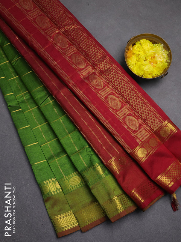 Silk cotton saree mehendi green and maroon with allover zari checked pattern and rettapet zari woven border