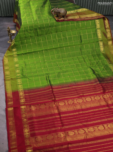 Silk cotton saree mehendi green and maroon with allover zari checked pattern and rettapet zari woven border
