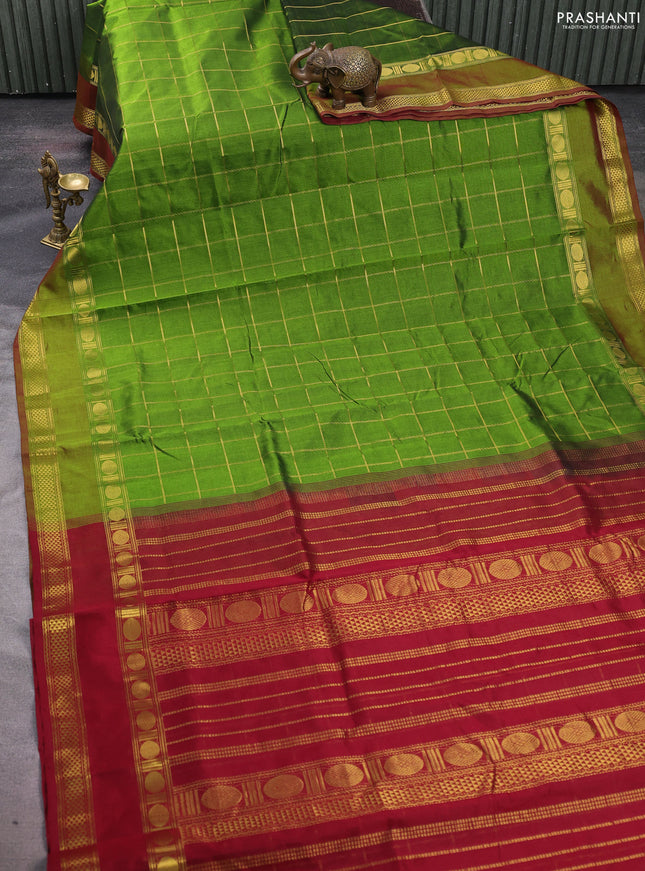 Silk cotton saree mehendi green and maroon with allover zari checked pattern and rettapet zari woven border
