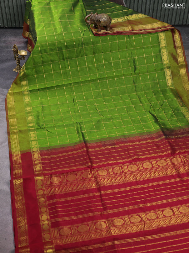 Silk cotton saree mehendi green and maroon with allover zari checked pattern and rettapet zari woven border