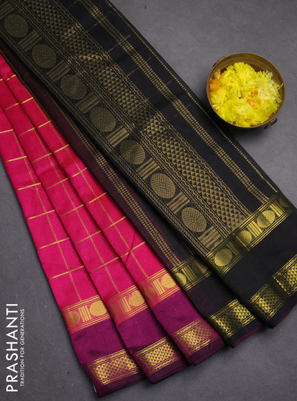 Silk cotton saree pink and black with allover zari checked pattern and rettapet zari woven border