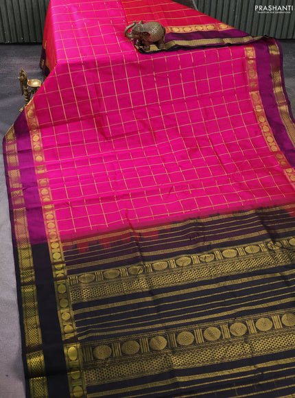Silk cotton saree pink and black with allover zari checked pattern and rettapet zari woven border
