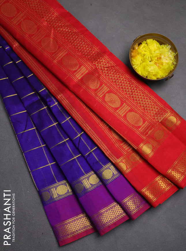 Silk cotton saree blue and red with allover zari checked pattern and rettapet zari woven border