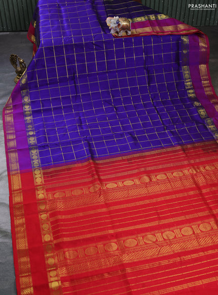 Silk cotton saree blue and red with allover zari checked pattern and rettapet zari woven border