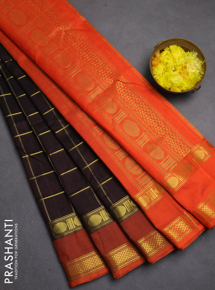 Silk cotton saree coffee brown and orange with allover zari checked pattern and rettapet zari woven border