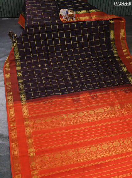 Silk cotton saree coffee brown and orange with allover zari checked pattern and rettapet zari woven border