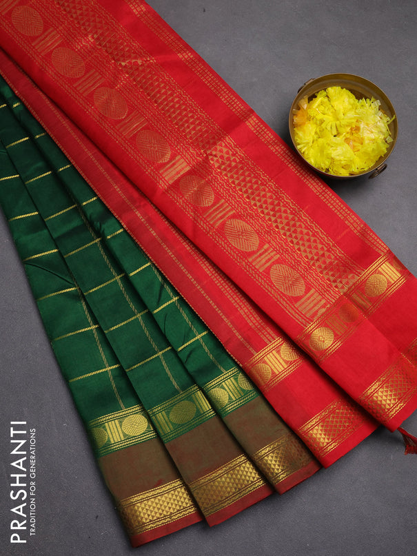 Silk cotton saree green and red with allover zari checked pattern and rettapet zari woven border