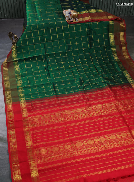 Silk cotton saree green and red with allover zari checked pattern and rettapet zari woven border
