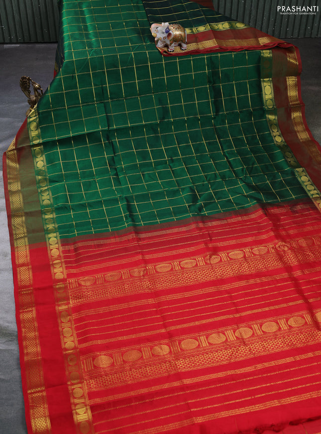 Silk cotton saree green and red with allover zari checked pattern and rettapet zari woven border