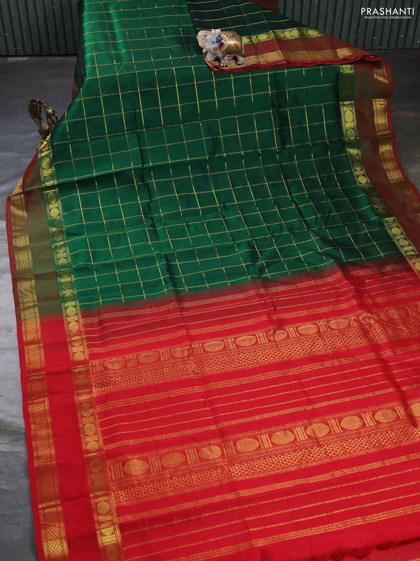 Silk cotton saree green and red with allover zari checked pattern and rettapet zari woven border