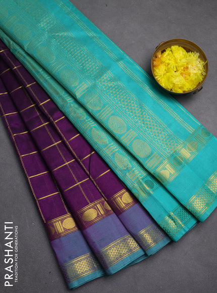 Silk cotton saree violet and teal blue with allover zari checked pattern and rettapet zari woven border