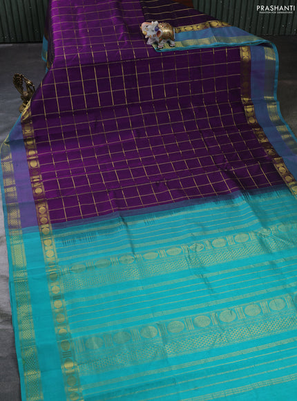 Silk cotton saree violet and teal blue with allover zari checked pattern and rettapet zari woven border