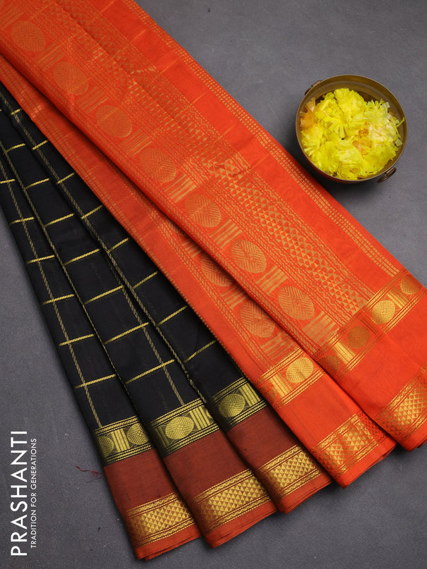 Silk cotton saree black and orange with allover zari checked pattern and rettapet zari woven border