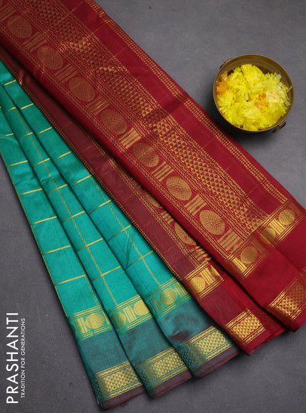 Silk cotton saree teal green and maroon with allover zari checked pattern and rettapet zari woven border