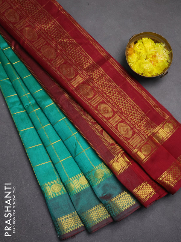 Silk cotton saree teal green and maroon with allover zari checked pattern and rettapet zari woven border