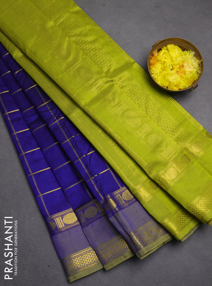 Silk cotton saree royal blue and light green with allover zari checked pattern and rettapet zari woven border