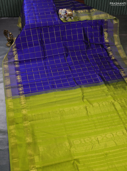 Silk cotton saree royal blue and light green with allover zari checked pattern and rettapet zari woven border