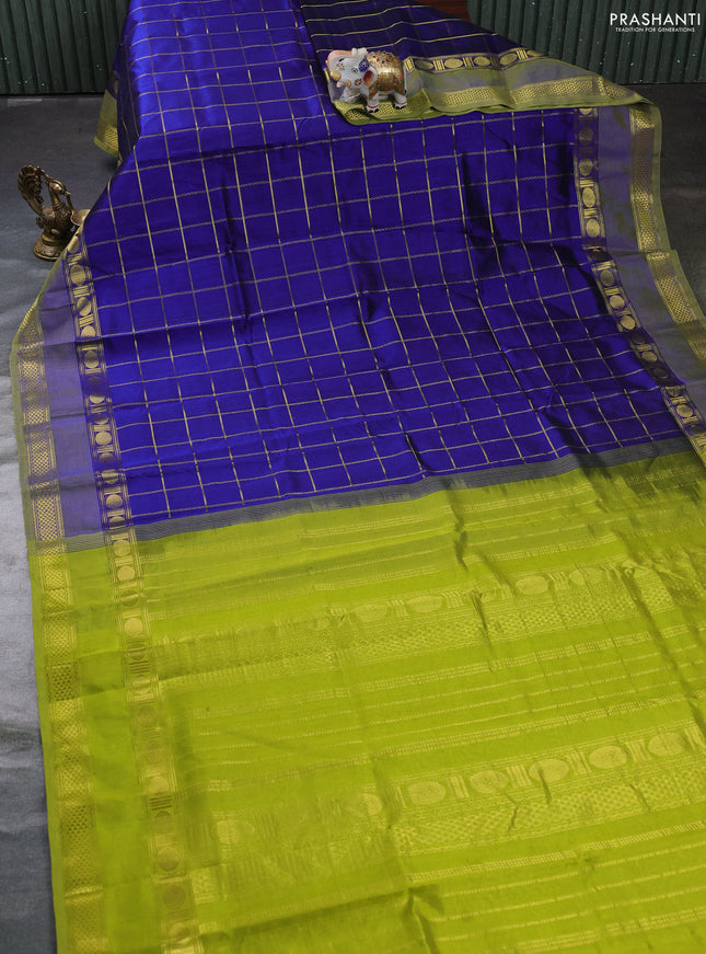 Silk cotton saree royal blue and light green with allover zari checked pattern and rettapet zari woven border