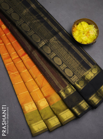 Silk cotton saree sunset orange and black with allover zari checked pattern and rettapet zari woven border