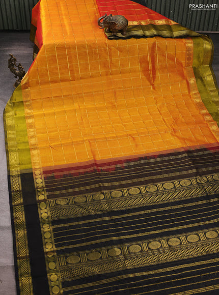 Silk cotton saree sunset orange and black with allover zari checked pattern and rettapet zari woven border
