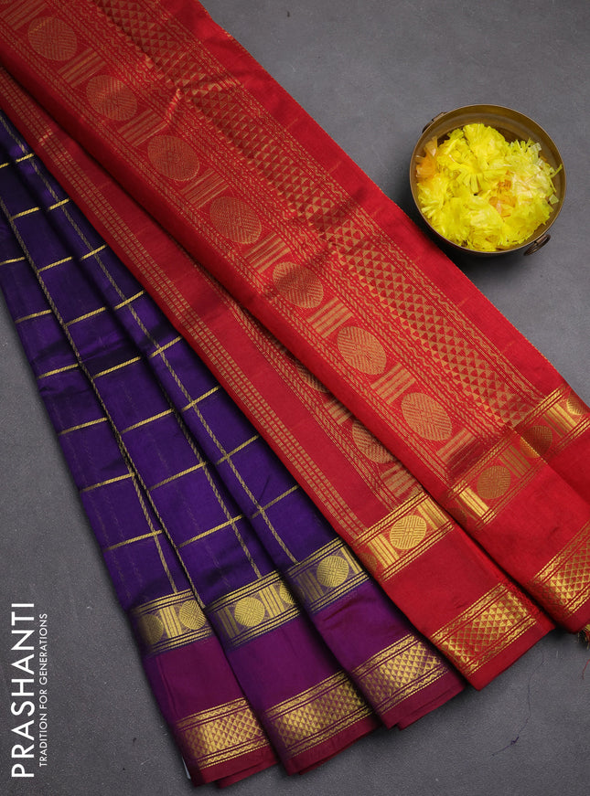 Silk cotton saree violet and kumkum red with allover zari checked pattern and rettapet zari woven border