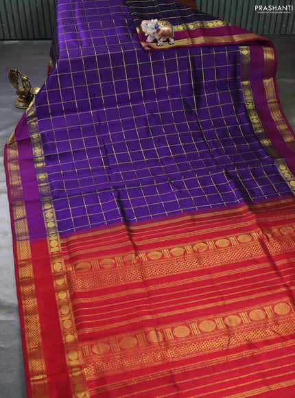 Silk cotton saree violet and kumkum red with allover zari checked pattern and rettapet zari woven border