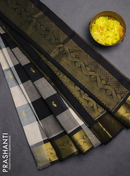 Silk cotton saree cream and black with allover paalum pazhamum checks & zari buttas and zari woven border