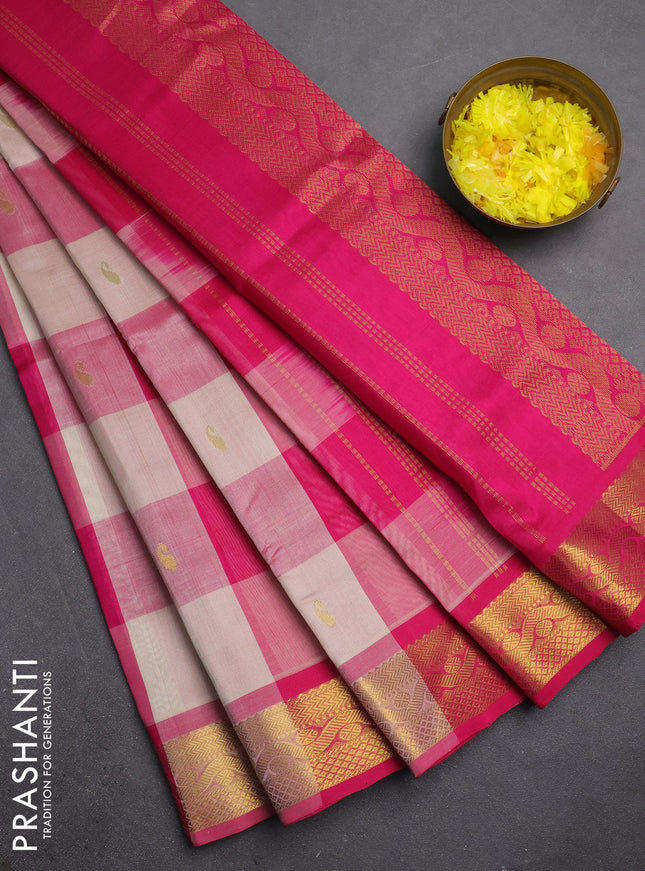 Silk cotton saree cream and pink with allover paalum pazhamum checks & zari buttas and zari woven border