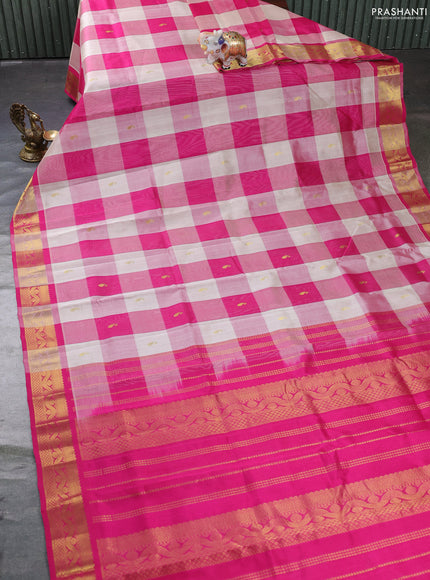Silk cotton saree cream and pink with allover paalum pazhamum checks & zari buttas and zari woven border