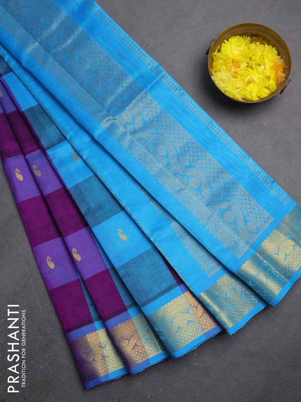 Silk cotton saree purple and cs blue with allover paalum pazhamum checks & zari buttas and zari woven border