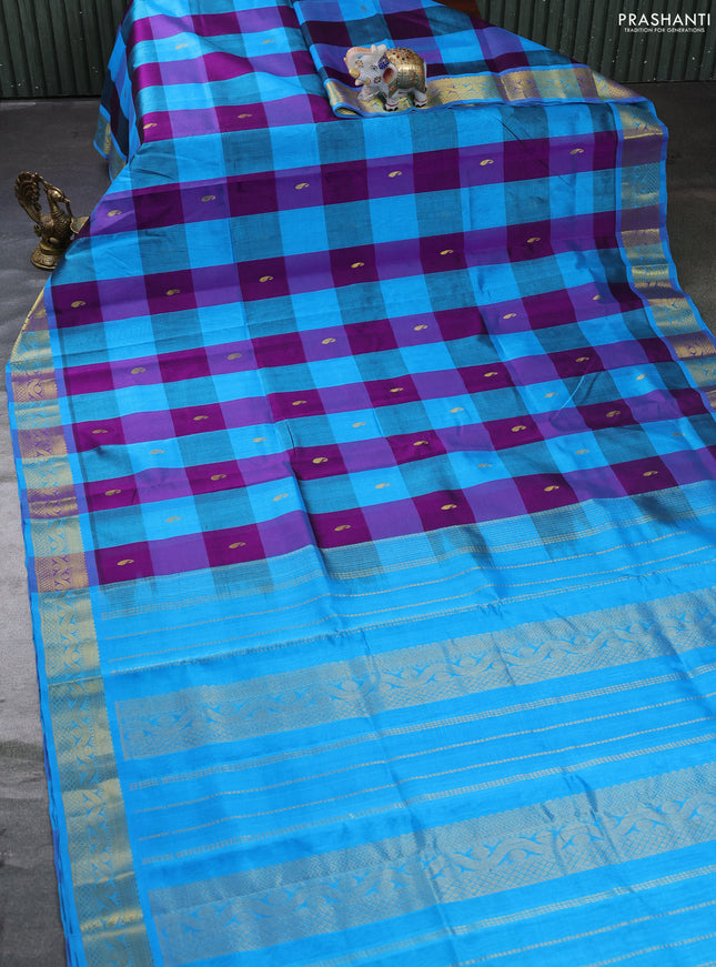 Silk cotton saree purple and cs blue with allover paalum pazhamum checks & zari buttas and zari woven border