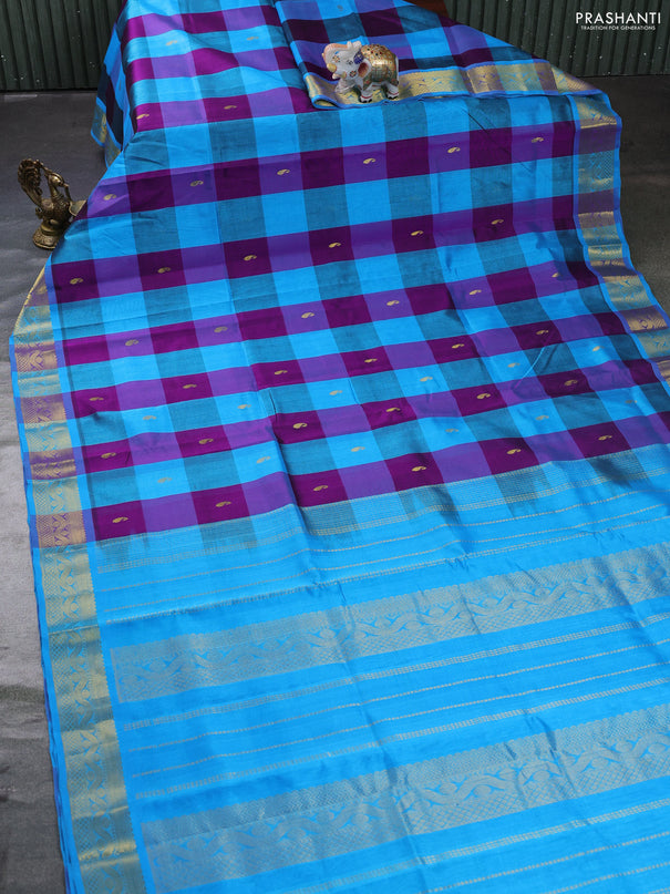 Silk cotton saree purple and cs blue with allover paalum pazhamum checks & zari buttas and zari woven border
