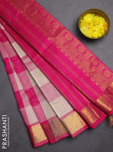 Silk cotton saree cream and pink with allover paalum pazhamum checks & zari buttas and zari woven border