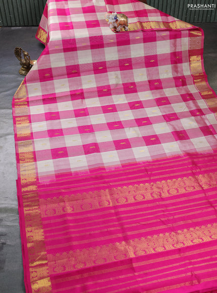 Silk cotton saree cream and pink with allover paalum pazhamum checks & zari buttas and zari woven border