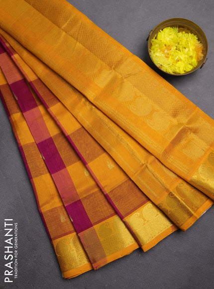 Silk cotton saree dark magenta pink and mustard yellow with allover paalum pazhamum checks & zari buttas and zari woven border