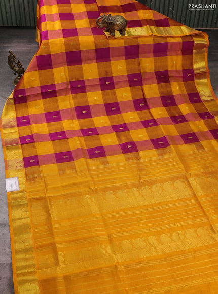 Silk cotton saree dark magenta pink and mustard yellow with allover paalum pazhamum checks & zari buttas and zari woven border
