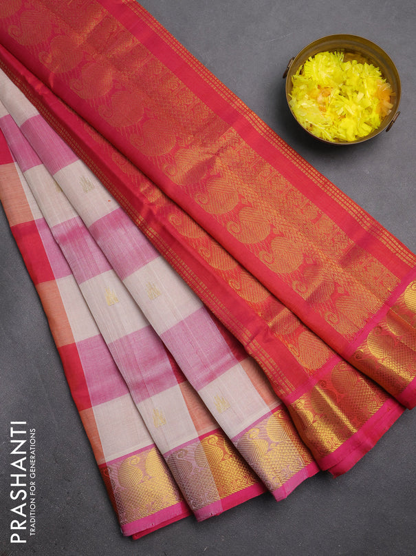 Silk cotton saree cream and pink with allover paalum pazhamum checks & zari buttas and zari woven border