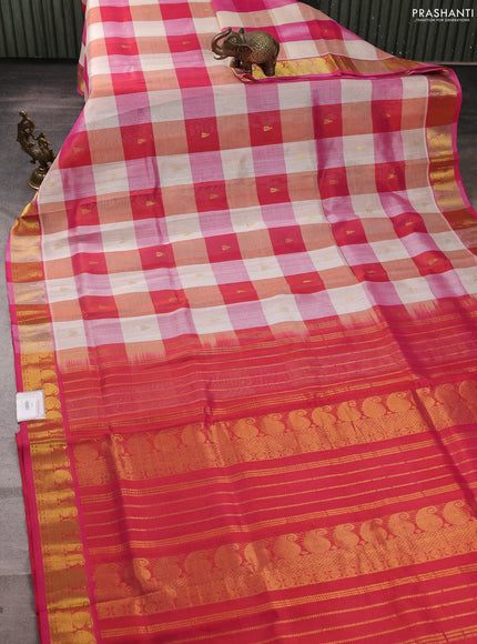 Silk cotton saree cream and pink with allover paalum pazhamum checks & zari buttas and zari woven border
