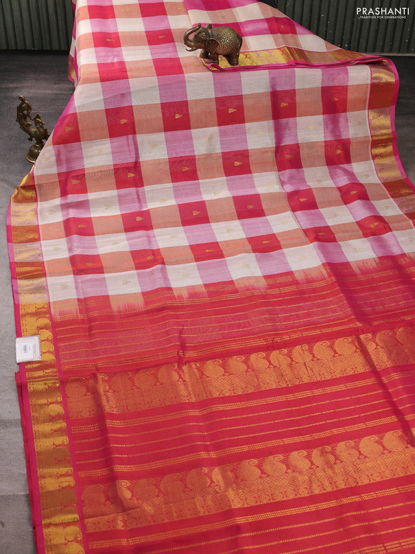Silk cotton saree cream and pink with allover paalum pazhamum checks & zari buttas and zari woven border