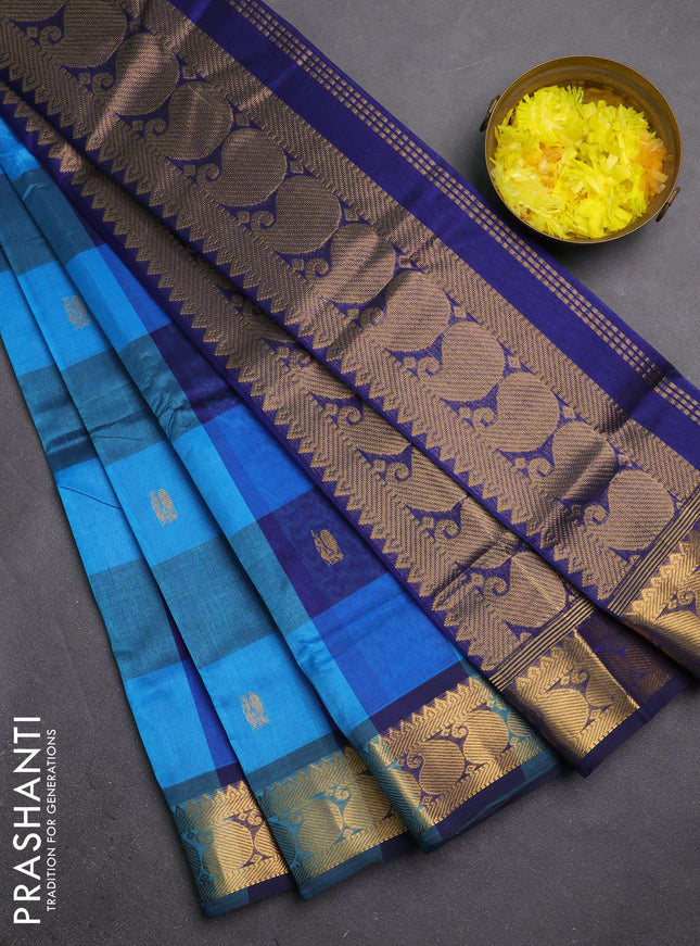 Silk cotton saree cs blue and blue with allover paalum pazhamum checks & zari buttas and paisley zari woven border
