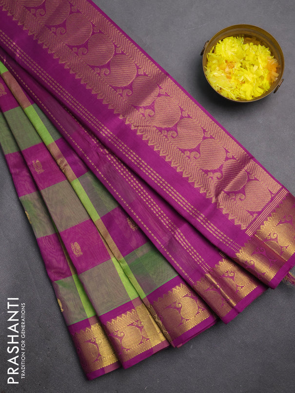 Silk cotton saree green and purple with allover paalum pazhamum checks & zari buttas and paisley zari woven border