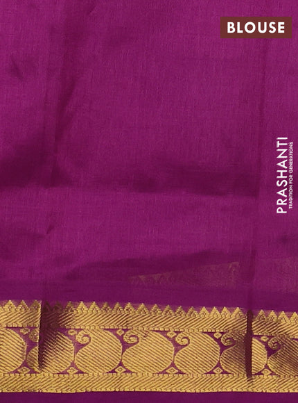 Silk cotton saree green and purple with allover paalum pazhamum checks & zari buttas and paisley zari woven border
