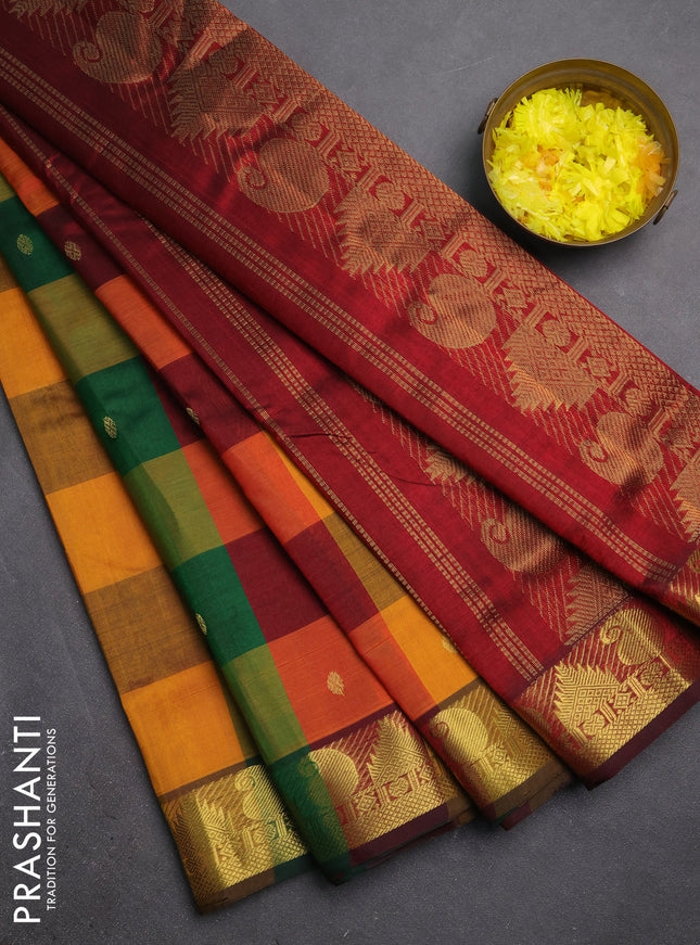 Silk cotton saree multi colour and maroon with allover paalum pazhamum checks & zari buttas and zari woven border