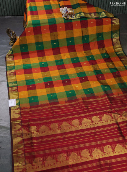 Silk cotton saree multi colour and maroon with allover paalum pazhamum checks & zari buttas and zari woven border
