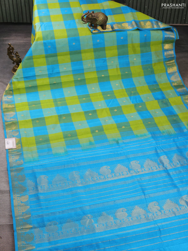 Silk cotton saree light green and light blue with allover paalum pazhamum checks & zari buttas and zari woven border