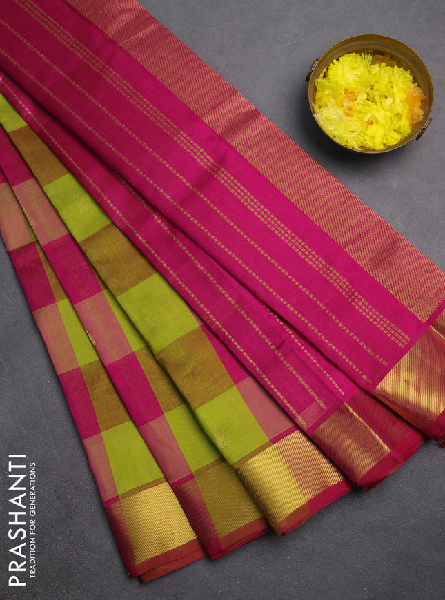 Silk cotton saree light green and magenta pink with allover paalum pazhamum checks & zari buttas and zari woven border