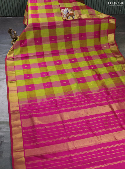 Silk cotton saree light green and magenta pink with allover paalum pazhamum checks & zari buttas and zari woven border