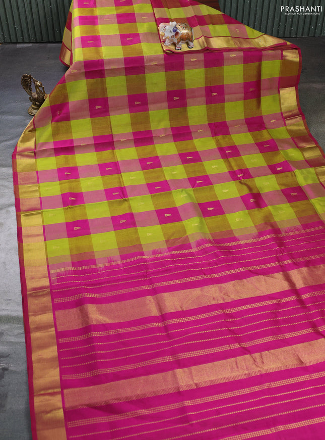 Silk cotton saree light green and magenta pink with allover paalum pazhamum checks & zari buttas and zari woven border