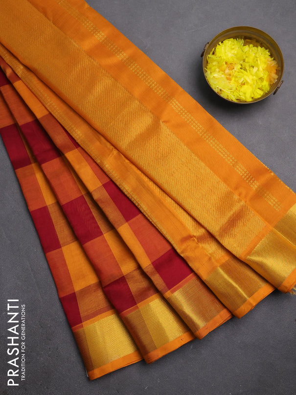 Silk cotton saree maroon and orange with allover paalum pazhamum checks & zari buttas and zari woven border