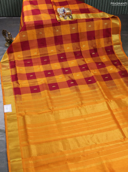 Silk cotton saree maroon and orange with allover paalum pazhamum checks & zari buttas and zari woven border